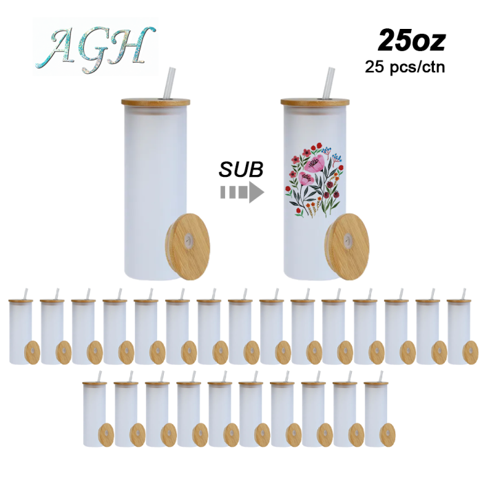 US Warehouse RTS 25oz Sublimation Frosted Glass Jar with Bamboo Lid and Plastic Straw