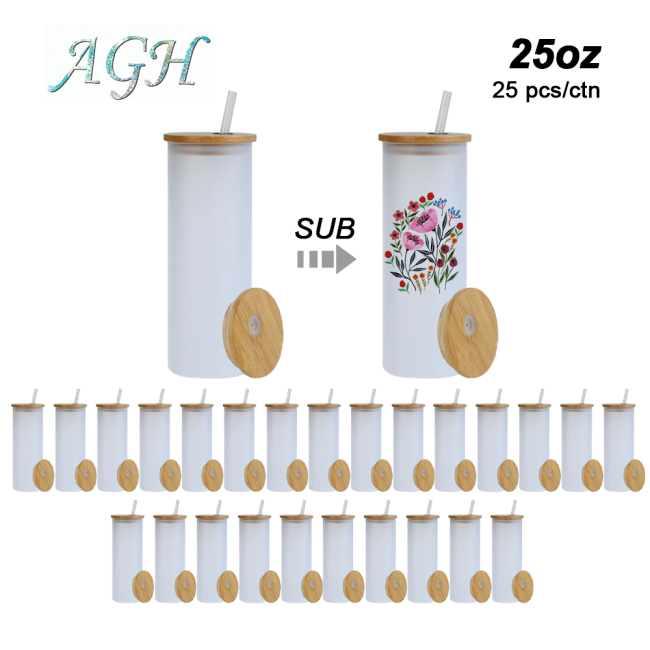 US Warehouse RTS 25oz Sublimation Frosted Glass Jar with Bamboo Lid and Plastic Straw