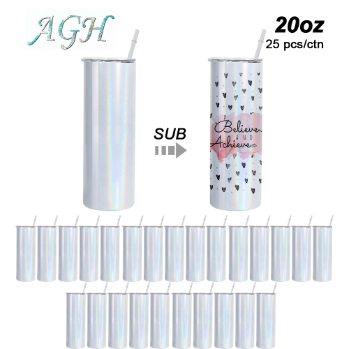 US Warehouse RTS 20oz Holographic/Shimmer Sublimation Straight Skinny tumbler with Plastic Straw