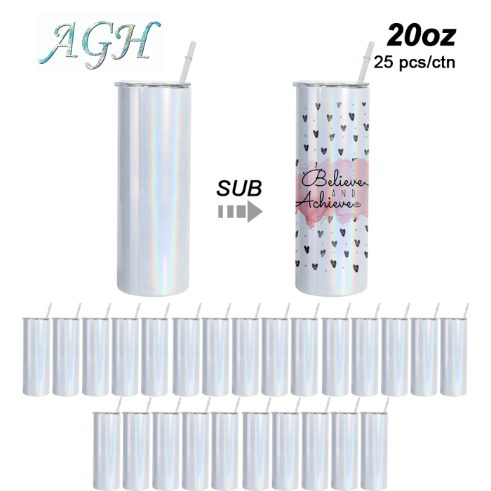 US Warehouse RTS 20oz Holographic/Shimmer Sublimation Straight Skinny tumbler with Plastic Straw