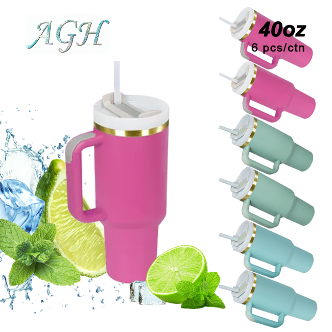 AGH 6pcs 40oz Copper rim handle tumbler with lid and straw - 2pcs Fuchsia 2pcs Eucalyptus 2pcs Lake green