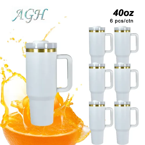 AGH 6pcs 40oz gold color rim handle tumbler with lid and straw - white coffee mug