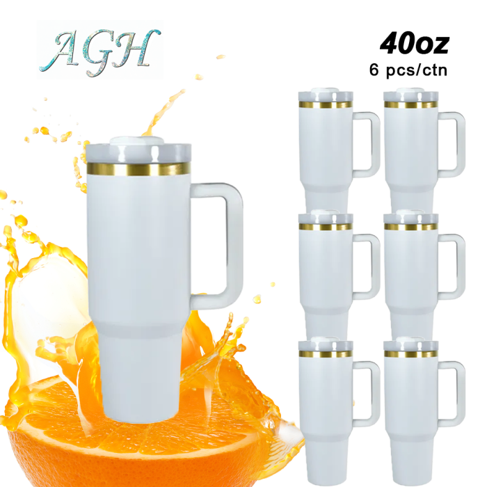 AGH 6pcs 40oz gold color rim handle tumbler with lid and straw - white coffee mug
