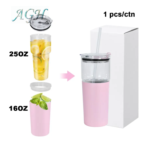 1 Pack AGH 25+16oz Pink Stainless Steel Thermal Cup Tumbler with 2-in-1 Lid & Straw Bubble Tea & Coffee Mug Reusable Travel Mug