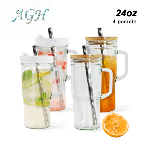 AGH USA warehouse 24oz Vintage family pack 24oz glass mason can jarglasses tumbler with handle with 2lids and 4 glass straws - for ice soft drink fresh juice bubble tea coffee latte Bottles Drinkware Mugs