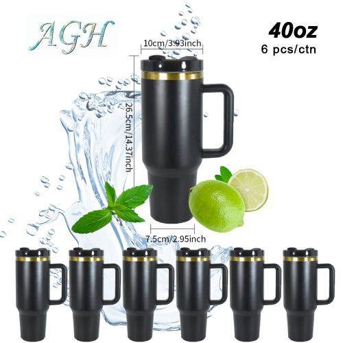 AGH 6pcs family pack - 40oz H2.0 copper rim handle tumbler with lid and straw - Black