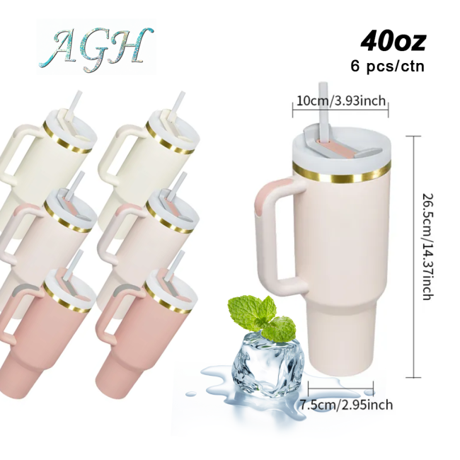 AGH 6pcs 40oz Copper rim handle tumbler with lid and straw - 2pcs Rose Pink 2pcs Light Pink 2pcs Cream color