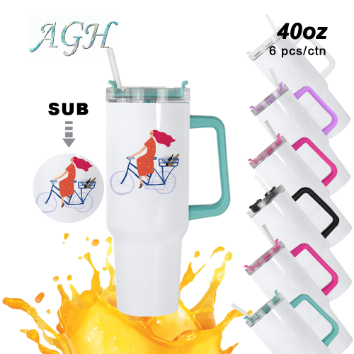 AGH 6pcs 40oz sublimation blank 24-hour white handle tumbler with straw and lid - handle mixed color Reusable Portable Mug cold coffee travel cup