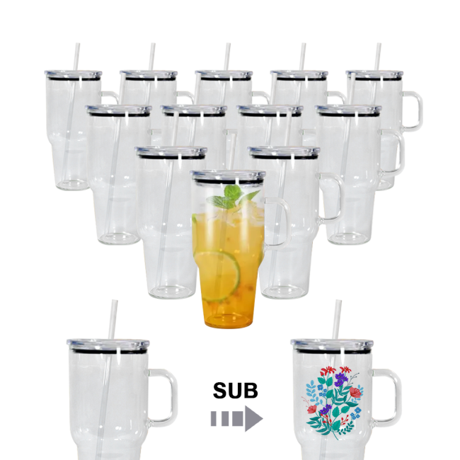CN Warehouse Clearance Sale 32oz Sublimation Clear Glass Mug with Plastic Lid 12pcs/case
