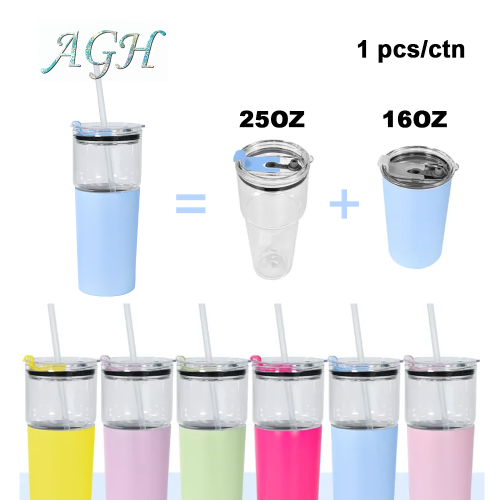 1 Pack AGH 25+16oz 2-in-1 Tumbler with Lids & Straw - Glass Bubble Tea Mug & Stainless Steel Coffee Mug - Reusable Travel Thermal Cup - Detachable Water Bottle
