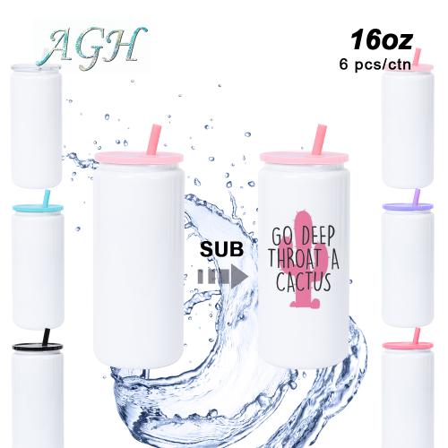 AGH 16oz stainless steel sublimation blank white Can Tumbler 6 packs unbreakable Insulated Mason Jar Can with Acrylic Lid - portable vacuum flask