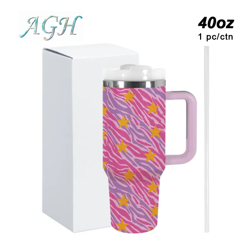 AGH 1 Pack 40oz Tumbler with handle reusable coffee tumbler travel mug stainless steel wide mouth thermal cup purple with stars For women Mom and Grandma sister
