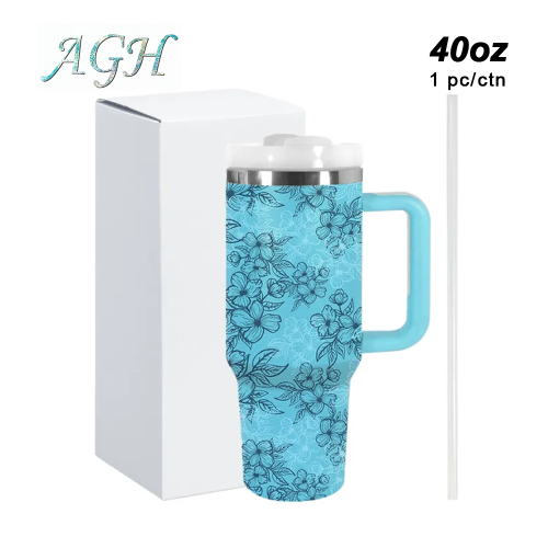 AGH 1pc 40oz Tumbler with handle flower reusable coffee tumbler travel cup mug stainless steel wide mouth thermal cup mint green with flower For women Mom and Grandma sister