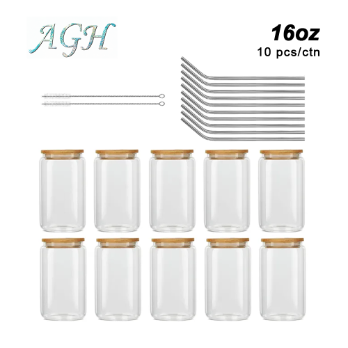 AGH 10 Pack 16oz sub clear glass can with bamboo lid and metal straw (with brushes)