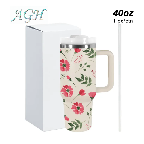 AGH 1pc 40oz Tumbler with handle flower reusable coffee tumbler travel mug stainless steel wide mouth thermal cup For women Mom and Grandma sister