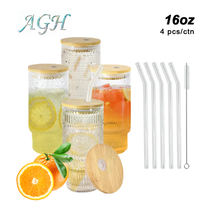 4 Pack 16oz Drinking Glasses Cups Set with Bamboo Lids Straws Brush 4 styles Vintage Glassware Set for Juice Iced Coffee Beer Cocktail Whiskey