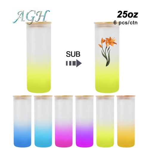 USA warehouse RTS 25oz 6pcs Sublimation Gradient glass with bamboo lid and plastic straw