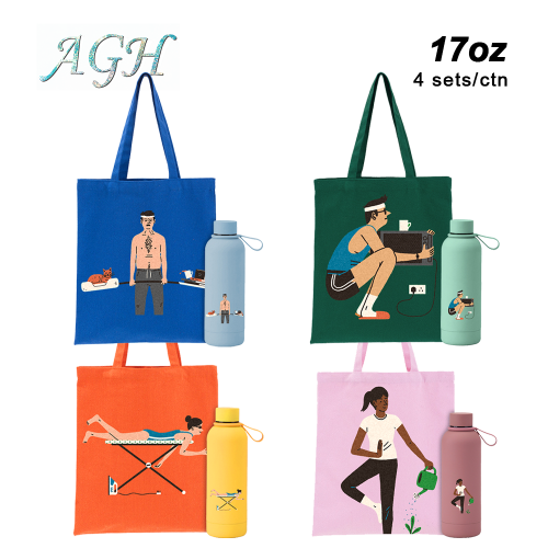 4 Pack for sports lover and bookish US Warehouse digital printing Sports Canvas Carry Tote Bag Fashion Set, 17oz Insulated Sports Water Bottle Gift Set