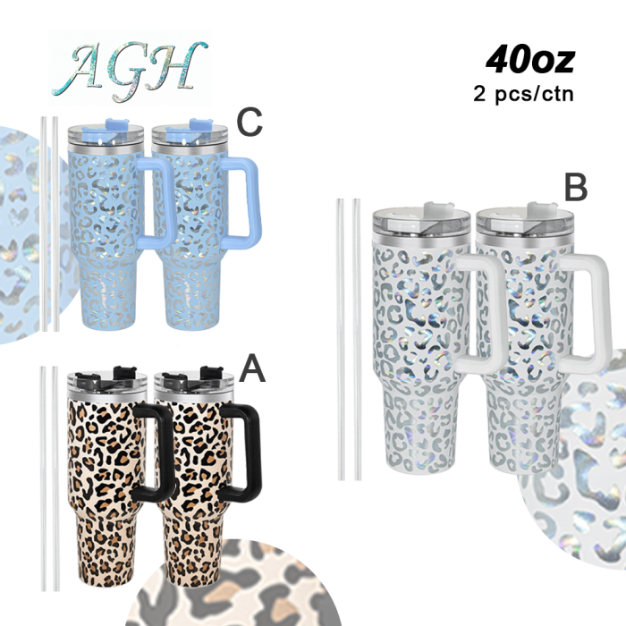 2 Pack 40oz Cheetah Tumbler with Handle and Straw, 100% Leak-Proof Travel Mug, Stainless Steel Double Wall Vacuum Insulated Coffee Cup Keeps Cold For 34 Hours, Hawkes Blue Leopard, White Leopard, cheetah
