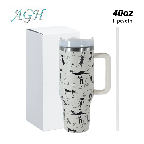 AGH 1pc 40oz stainless steel with cat 3D printing logo car handle tumbler with strew lid and straw For women Mom and Grandma sister