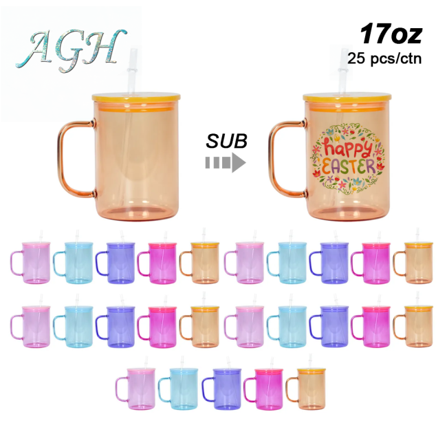 USA Warehouse 17oz Colorful Sublimation Blank Glass Mug With Handle and Colorful Plastic Lid