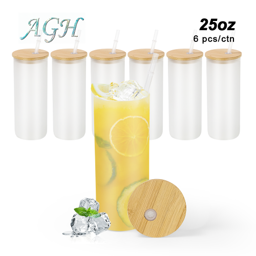 USA warehouse RTS 25oz white sublimation frosted glass with bamboo lid and plastic straw 6pcs/carton