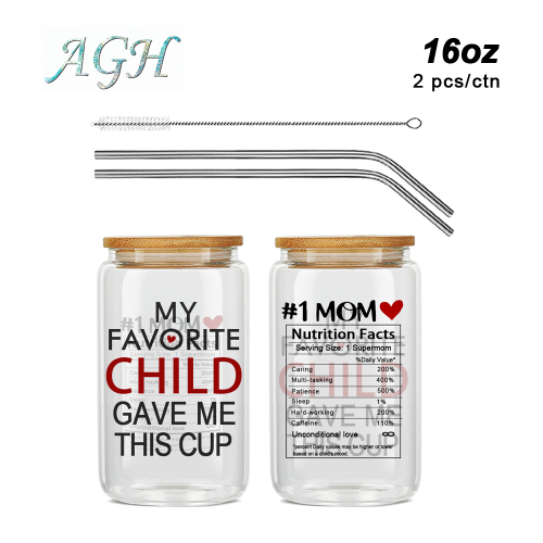 US Warehouse 16oz 'My Favorite Child Gave Me This Cup' clear glass can drinking glass cup tumbler with bamboo lid and metal straw for Best MOM