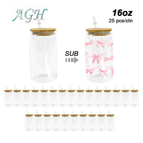 US Warehouse RTS 16oz Sublimation clear/frosted matte Glass Jar with Bamboo Lid and Straw 25pcs/ctn