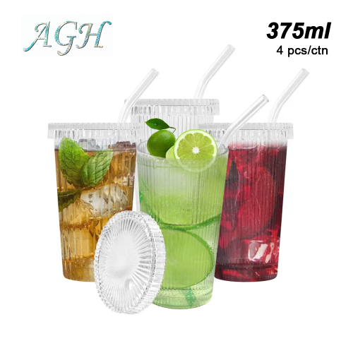AGH 375ml Vintage mason Ribbed jarglasses 4ps striped glass coffee mug soft drinks water cup with glass lid and straw family set Drinkware Tumblers glassware glass tumbler