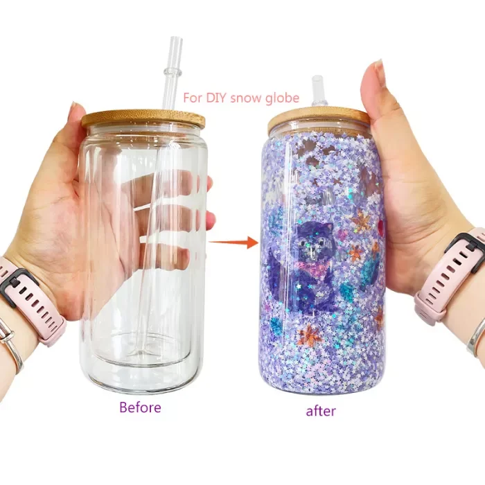 US warehouse 16oz sublimation double wall snow globe glass jar with bamboo lid