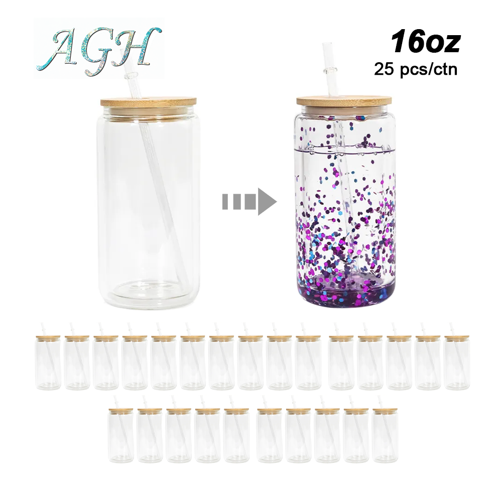 US warehouse 16oz sublimation double wall snow globe glass jar with bamboo lid