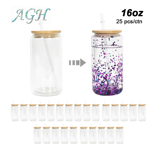 US warehouse 16oz sublimation double wall snow globe glass jar with bamboo lid