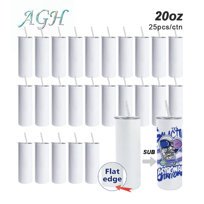 RTS US warehouse 20oz Flat edge sublimation blanks straight skinny tumblers with plastic straw