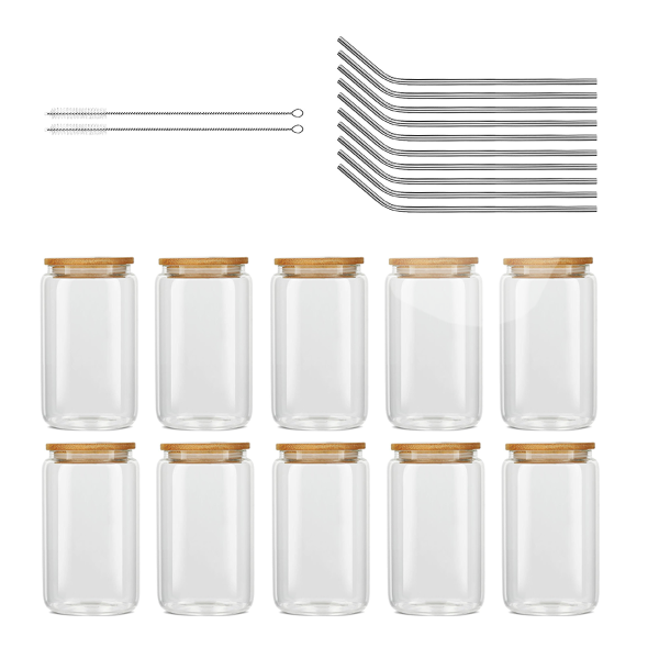 AGH 10 Pack 16oz sub clear glass can with bamboo lid and metal straw (with brushes)