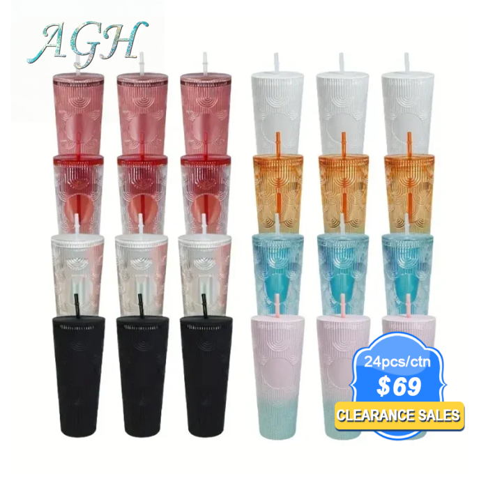 RTS US warehouse 24oz double wall studded colorful plastic cups with straw and lid  24pcs/carton