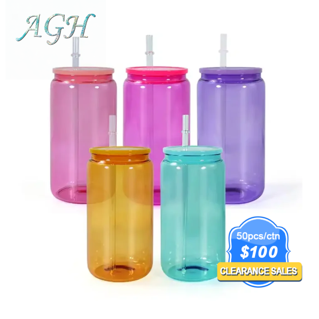 50pcs US Warehouse CLEARANCE 16oz Sublimation Colorful Glass beer can with Colorful Plastic lids
