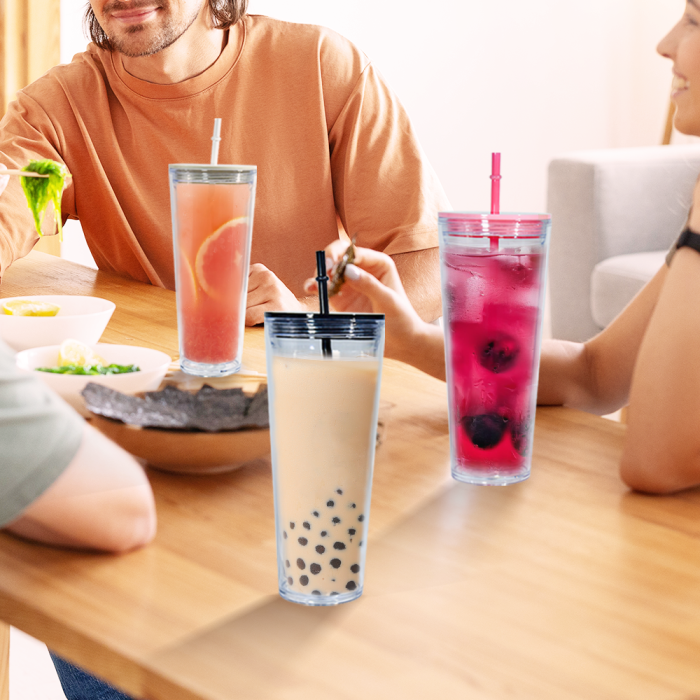 AGH US 8pcs/carton 24oz acrylic snow globe tumbler cups for glitter/UV sticker/3d DIY, 24oz glitter bling plastic double-wall cups with mixed color lids and straw