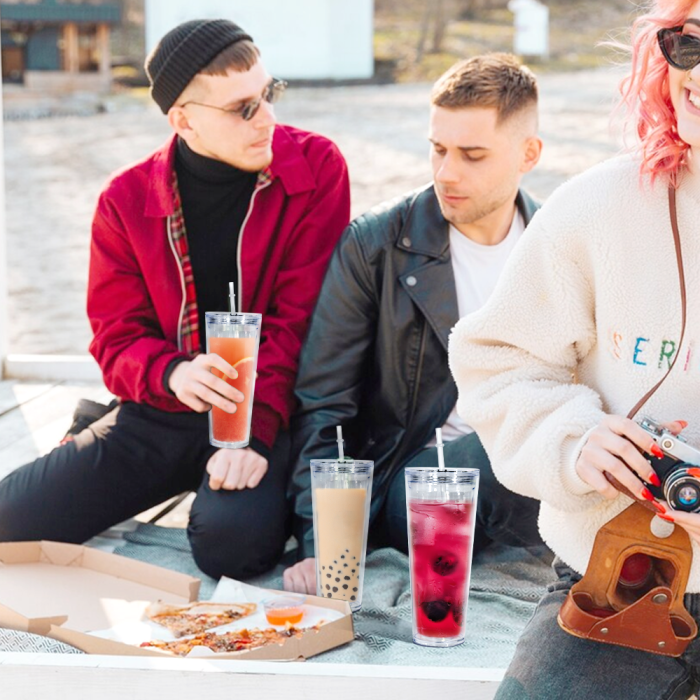 AGH US 24OZ plastic Double-wall  tumbler Snow globe acrylic cup tumbler with clear lids and coloring straw 15pcs/carton