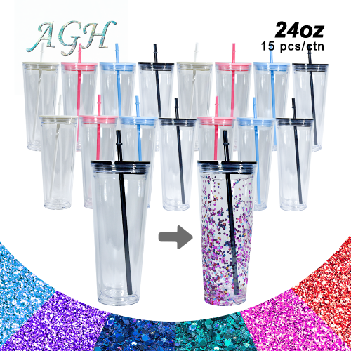 AGH US 24 OZ Double wall plastic tumbler Snow globe acrylic cups with lids and straw mixed color 15pcs/carton