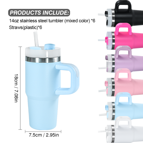 AGH US 6pcs/12pcs/24pcs 14OZ tumbler cups 304 stainless steel double wall travel  mug tumbler with handle mixed color 6pcs/12pcs/carton