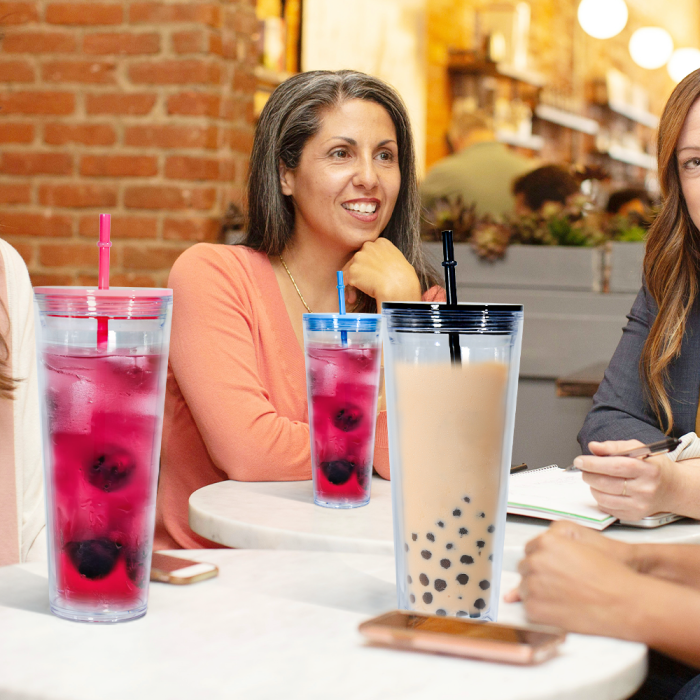 AGH US 8pcs/carton 24oz acrylic snow globe tumbler cups for glitter/UV sticker/3d DIY, 24oz glitter bling plastic double-wall cups with mixed color lids and straw