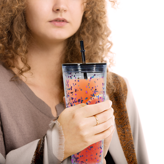 AGH US 8pcs/carton 24oz acrylic snow globe tumbler cups for glitter/UV sticker/3d DIY, 24oz glitter bling plastic double-wall cups with mixed color lids and straw