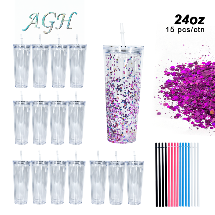 AGH US 24 OZ Double wall plastic tumbler Snow globe acrylic cups with lids and straw mixed color 15pcs/carton