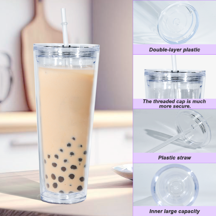 AGH US 24OZ plastic Double-wall  tumbler Snow globe acrylic cup tumbler with clear lids and coloring straw 15pcs/carton