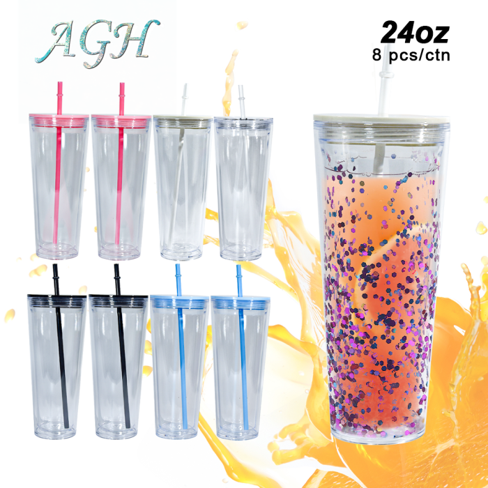 AGH US 8pcs/carton 24oz acrylic snow globe tumbler cups for glitter/UV sticker/3d DIY, 24oz glitter bling plastic double-wall cups with mixed color lids and straw
