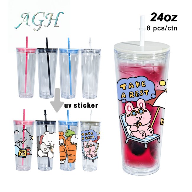 AGH US 8pcs/carton 24oz acrylic snow globe tumbler cups for glitter/UV sticker/3d DIY, 24oz glitter bling plastic double-wall cups with mixed color lids and straw