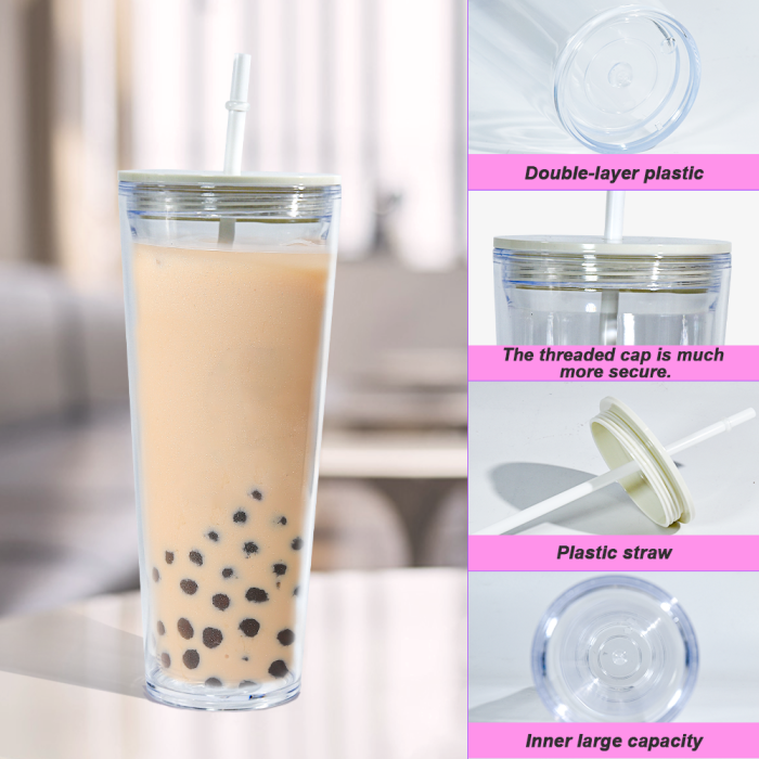 AGH US 8pcs/carton 24oz acrylic snow globe tumbler cups for glitter/UV sticker/3d DIY, 24oz glitter bling plastic double-wall cups with mixed color lids and straw