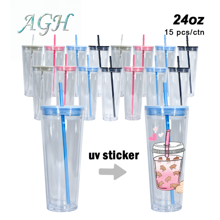 AGH US 24 OZ Double wall plastic tumbler Snow globe acrylic cups with lids and straw mixed color 15pcs/carton