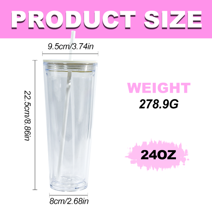 AGH US 8pcs/carton 24oz acrylic snow globe tumbler cups for glitter/UV sticker/3d DIY, 24oz glitter bling plastic double-wall cups with mixed color lids and straw