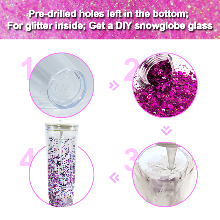 AGH US 8pcs/carton 24oz acrylic snow globe tumbler cups for glitter/UV sticker/3d DIY, 24oz glitter bling plastic double-wall cups with mixed color lids and straw